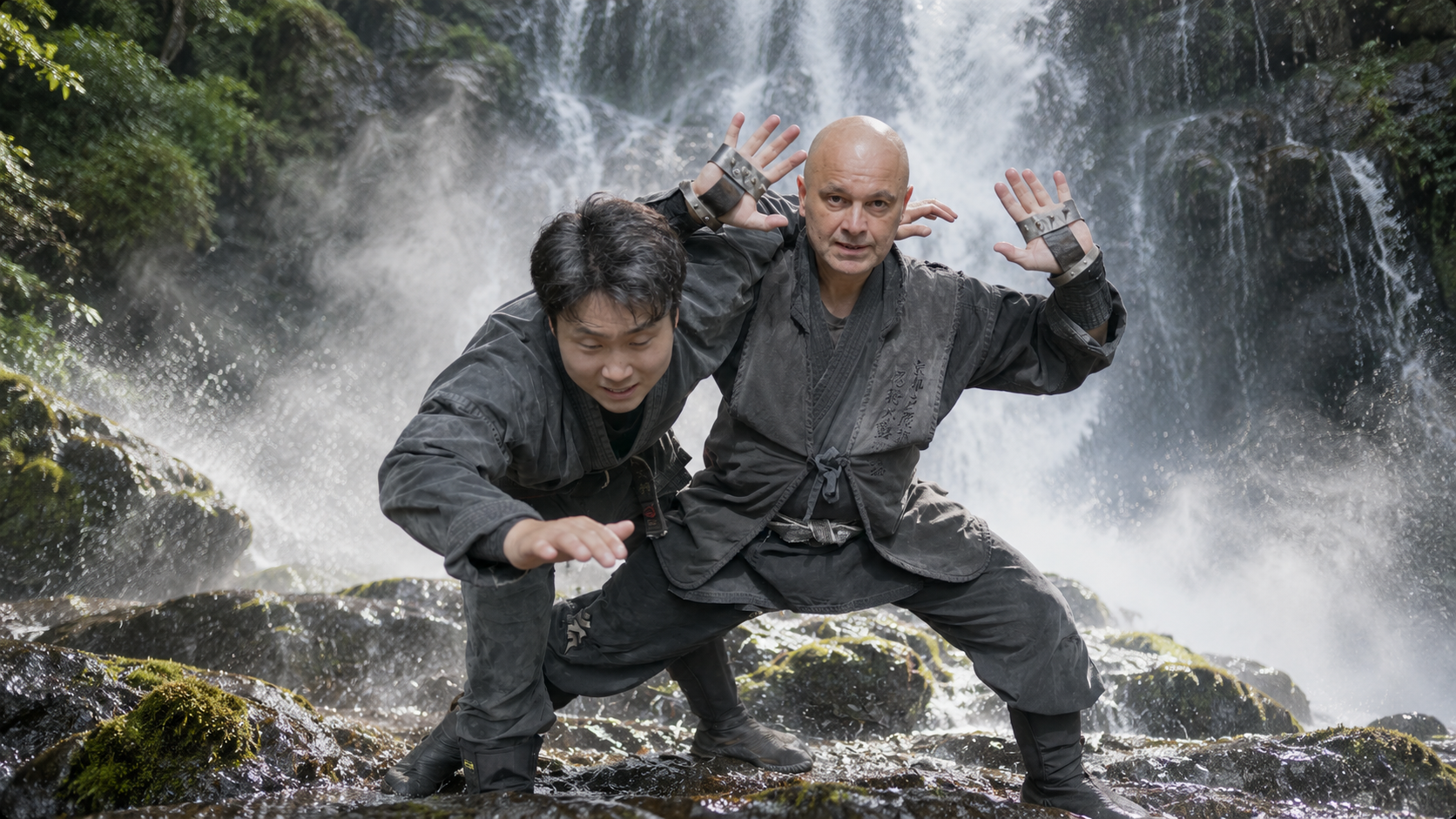 Entraînement de Togakure Ryū Ninpō Taijutsu et mouvement naturel devant une cascade à Ninjutsu Kyoto